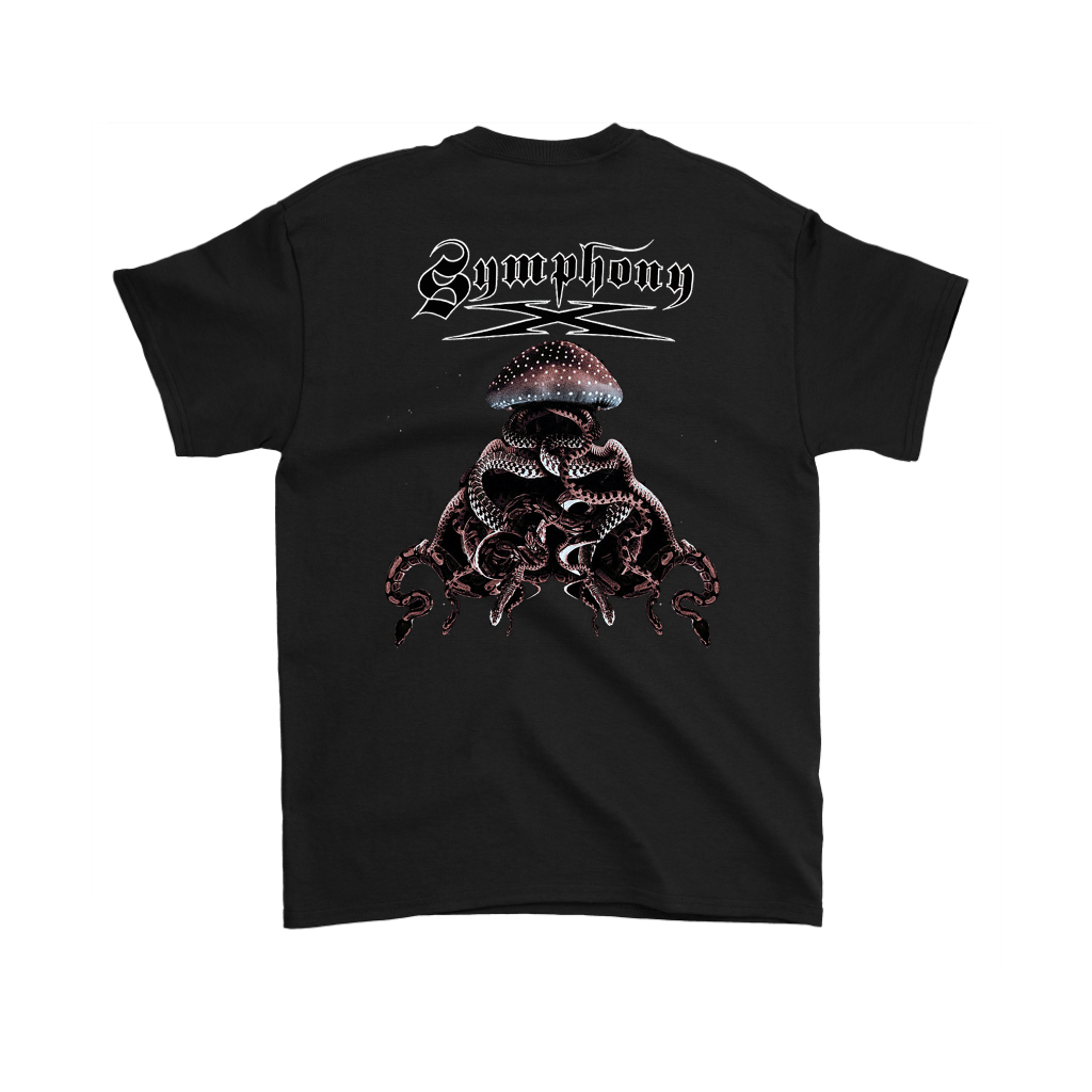 Black t-shirt featuring Symphony X Iconoclast Graphic Design with dark, mechanical aesthetic and band logo on the back.