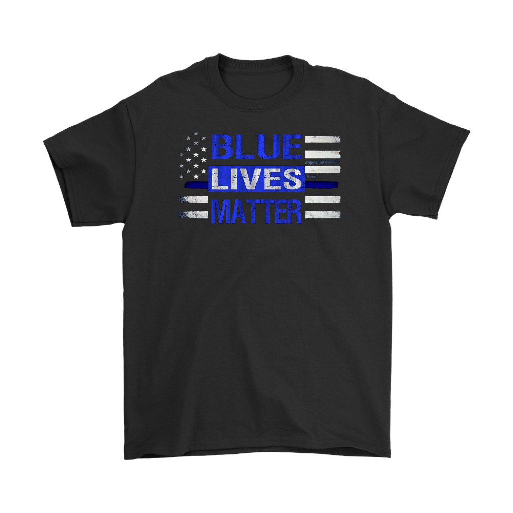 Blue Lives Matter American Flag Patriotic Graphic Tee with stars and stripes design.