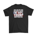 Black t-shirt displaying 'DNA Results Back I Am One Hundred Percent Trump Supporter' in bold text.