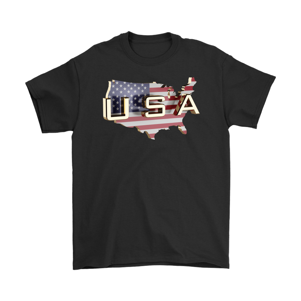USA On American Flag Patriotic Graphic Tee Shirt with map design on black cotton