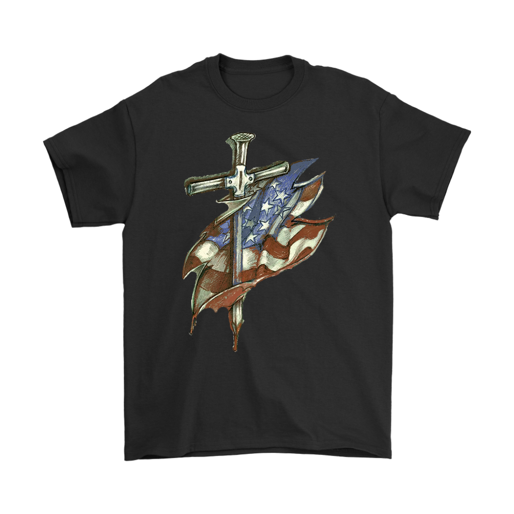 Graphic of a Dagger and American Flag on a black tee. Patriotic and edgy design for Dagger and American Flag Graphic Tee lovers.