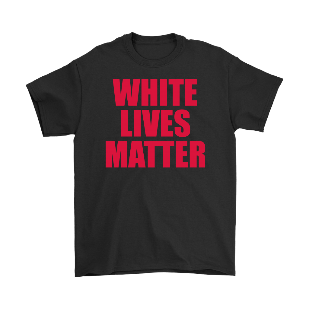Equality Matters Black and White Design Tee with red text "White Lives Matter" on black background, minimalist statement shirt.