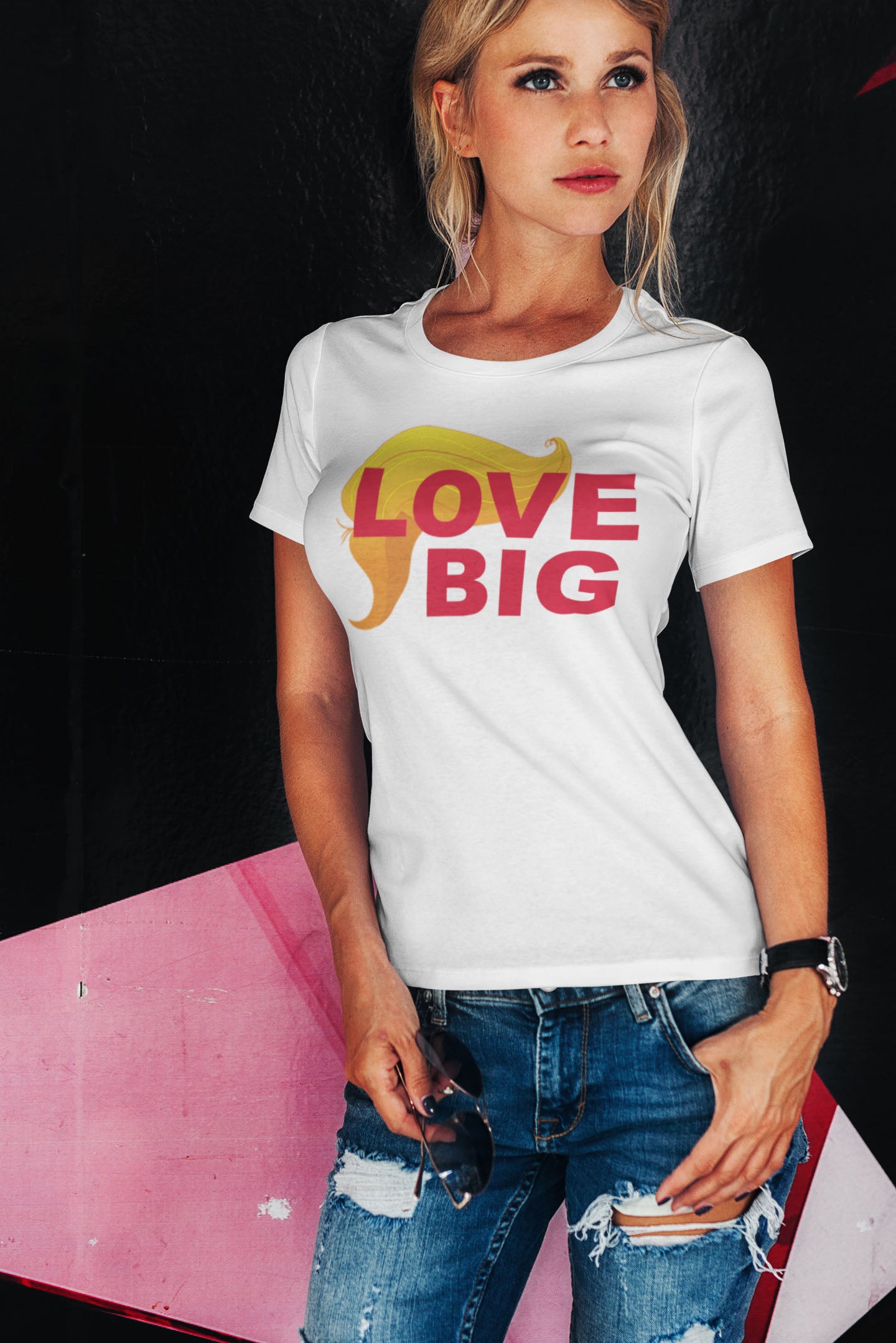 Woman wearing Love Big With Trump Hair 2 Red t-shirt, casual fashion statement