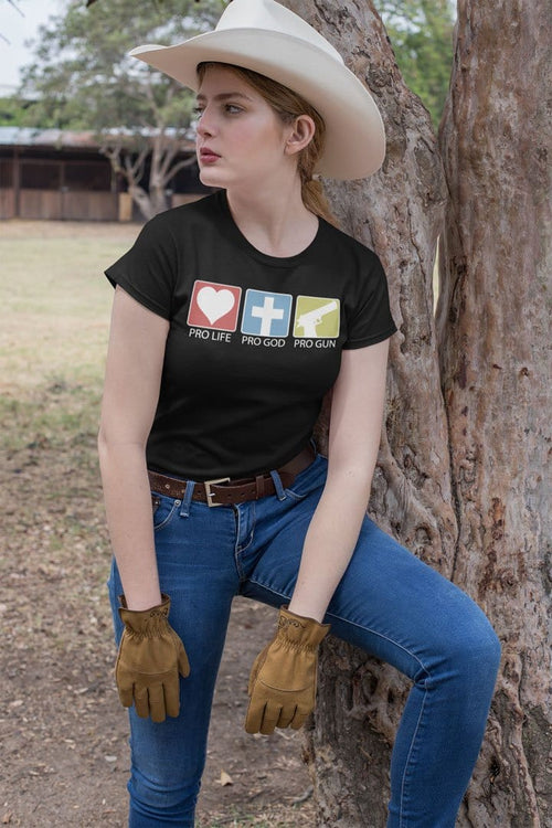 Person wearing Bold Three-Phrase Graphic Shirt with pro-life, pro-god, pro-gun message