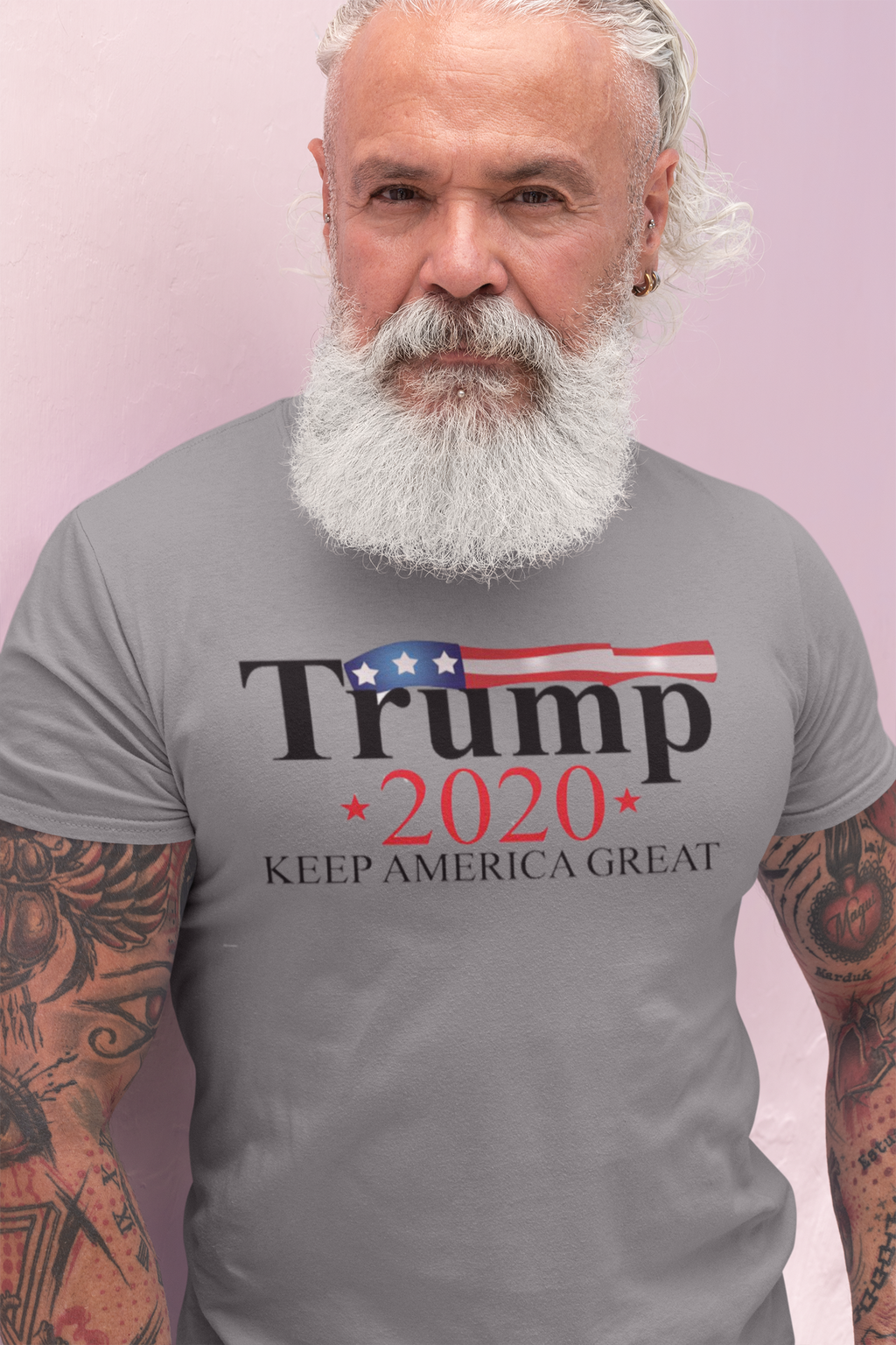 Keep America Great 2020 Twill Cap for Trump worn by a man with a beard and tattoos.