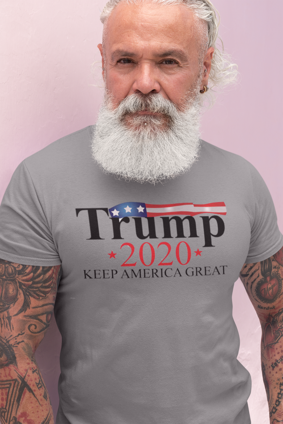 Keep America Great 2020 Twill Cap for Trump worn by a man with a beard and tattoos.