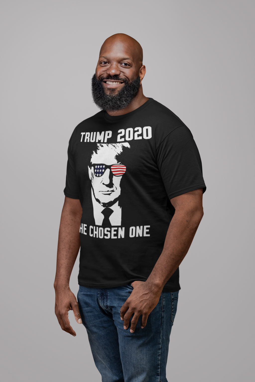 Smiling man wearing Trump 2020 The Chosen One USA Shirt featuring patriotic design.