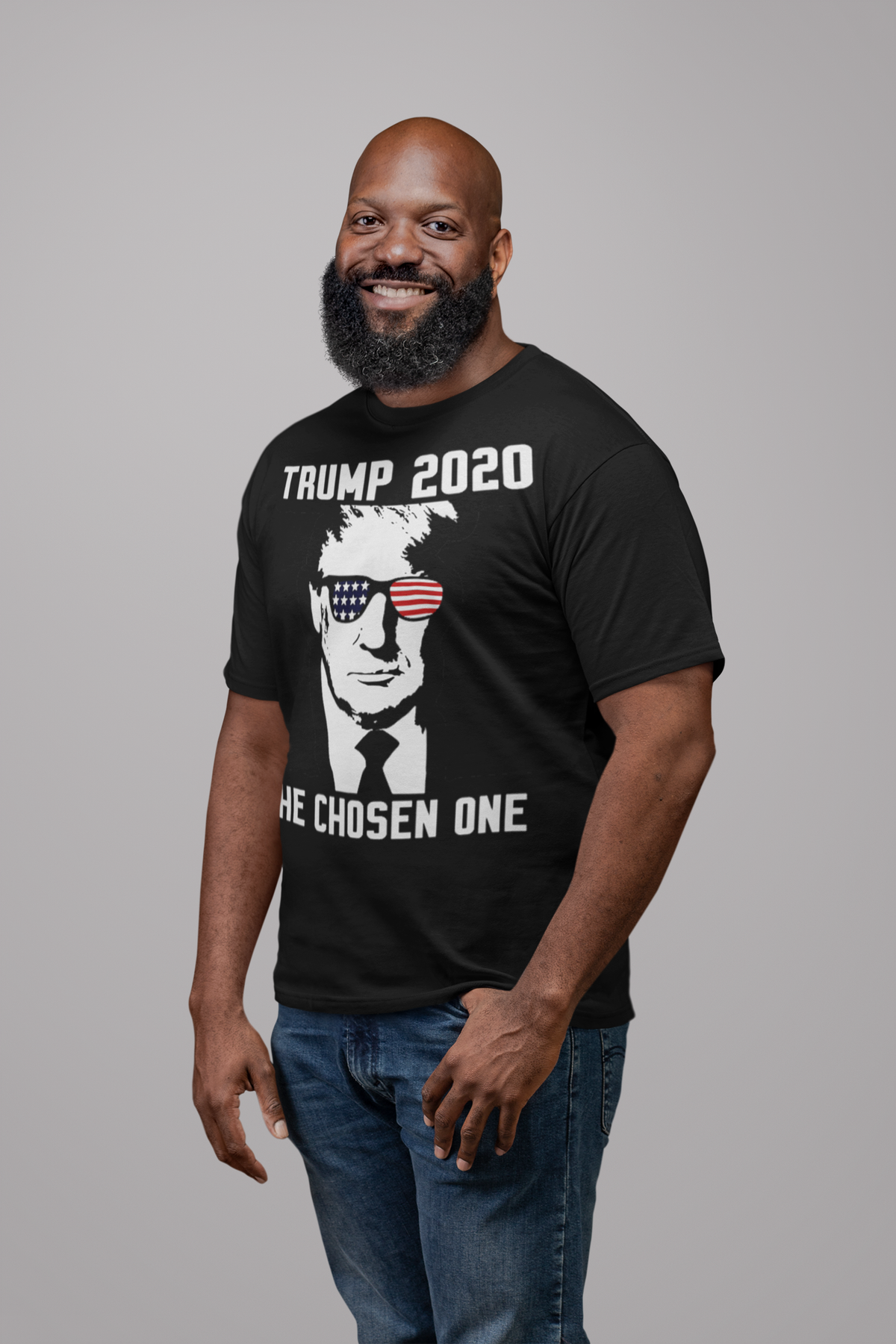 Smiling man wearing Trump 2020 The Chosen One USA Shirt featuring patriotic design.