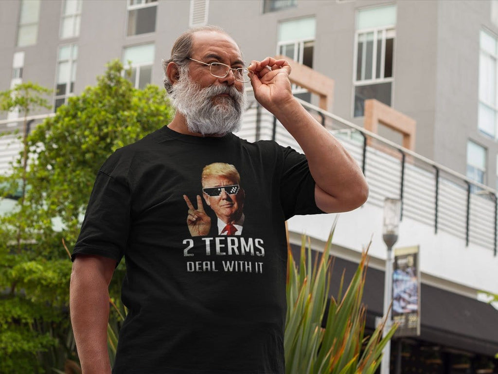Man wearing Two Terms Deal With It Trump Bold Statement Tee Shirt outdoors