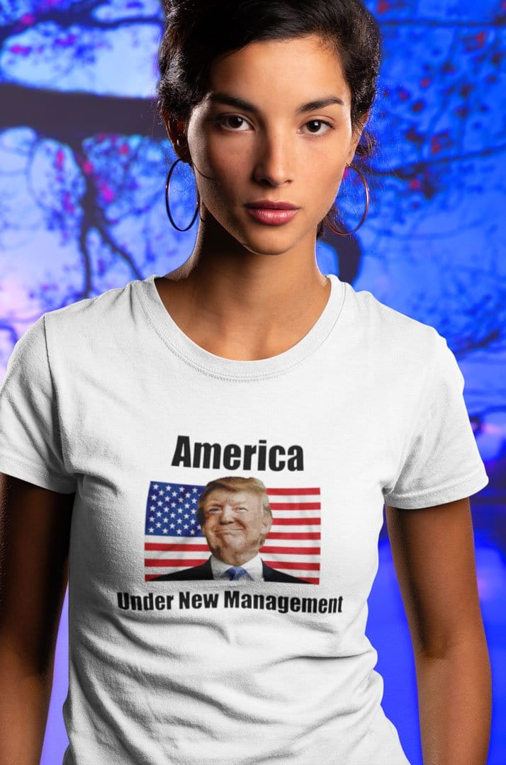 America Under New Management Flag Featuring Trump on a t-shirt worn by a person.