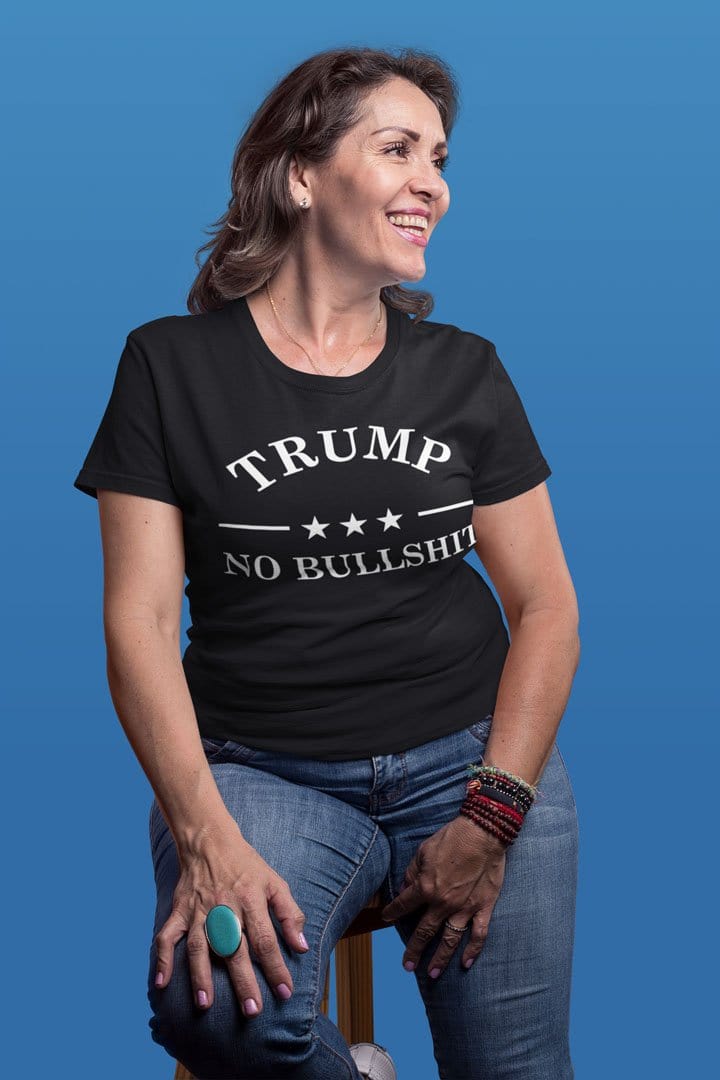 Woman wearing No Bullshit Trump Bold Honest Message Graphic Tee with a confident smile.
