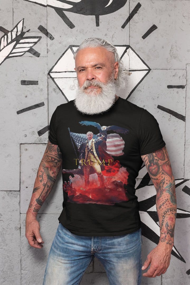 Man wearing As George Washington Trump Historical Style Graphic Tee against artistic wall.