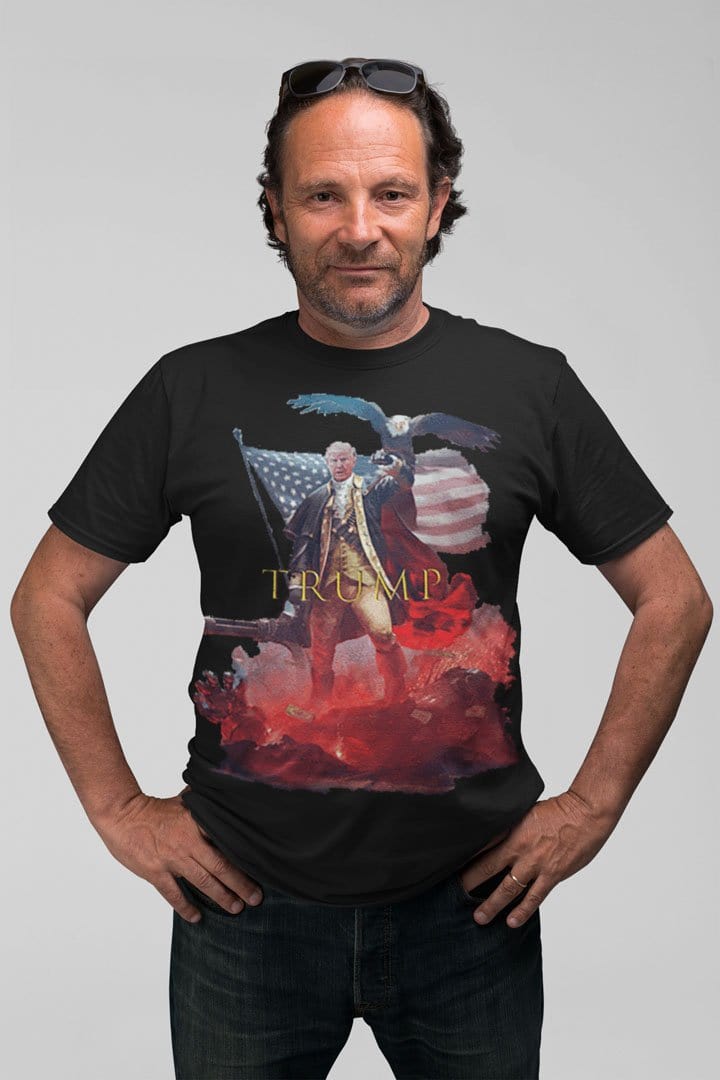 Man wearing As George Washington Trump Historical Style Graphic Tee with patriotic design.