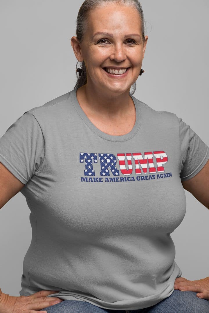 Woman wearing Trump As American Flag Make America Great Again t-shirt