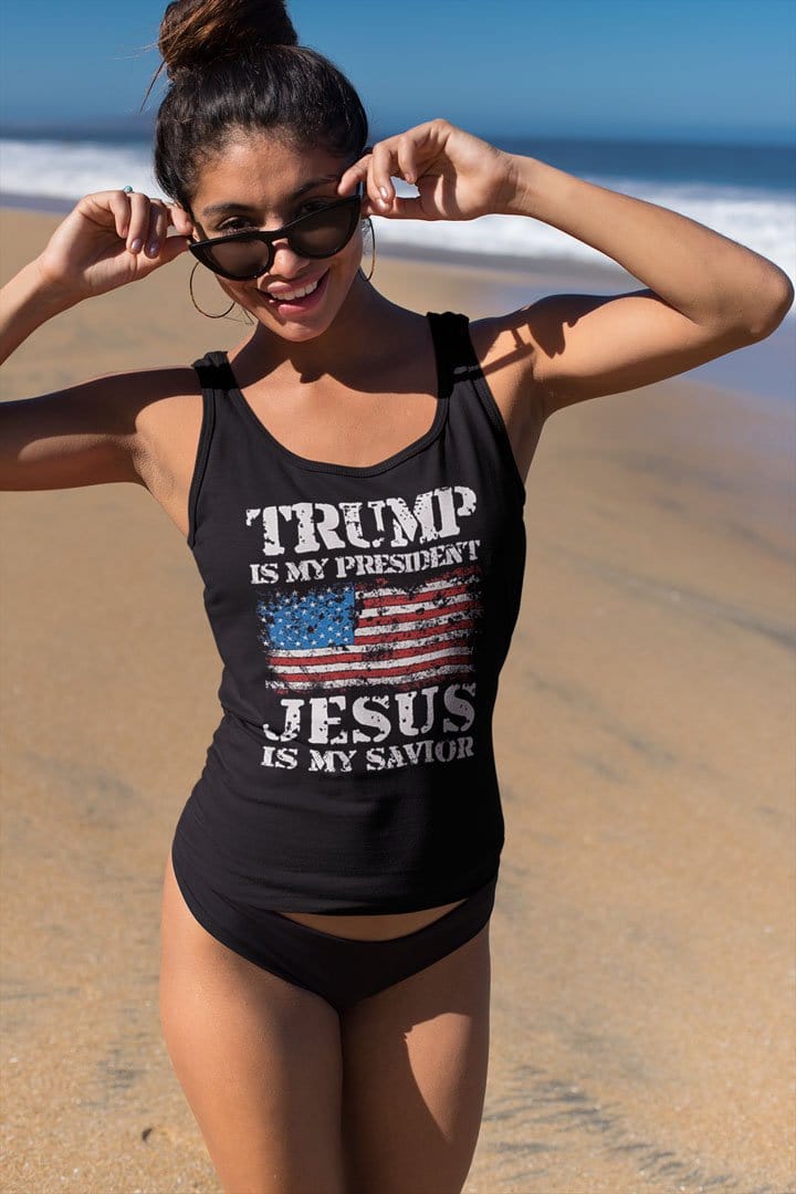 Woman wearing Trump Is My President Jesus Is My Savior tank top at the beach