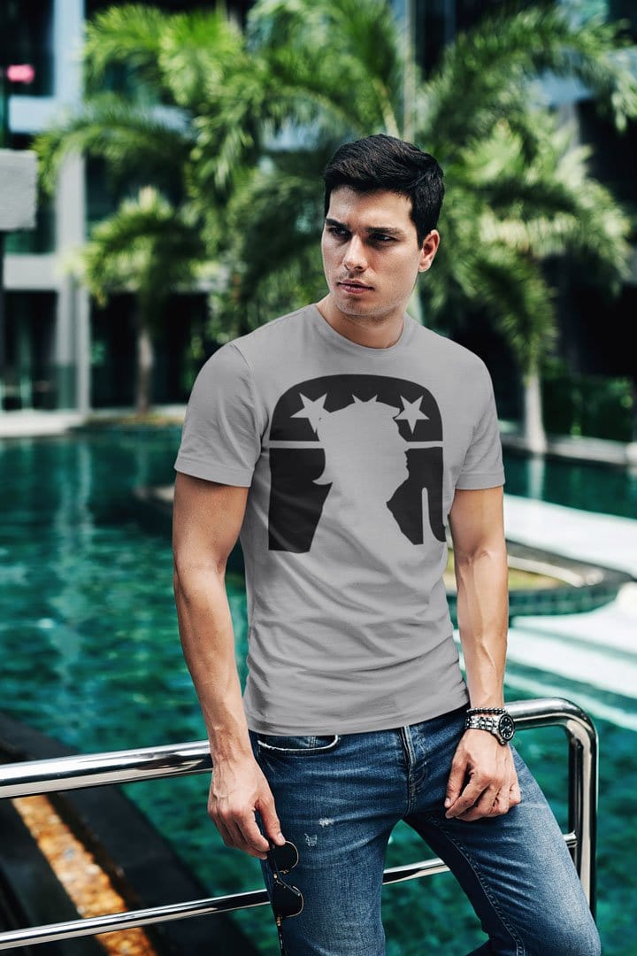 Man wearing Trump Silhouette On GOP Symbol shirt by poolside.