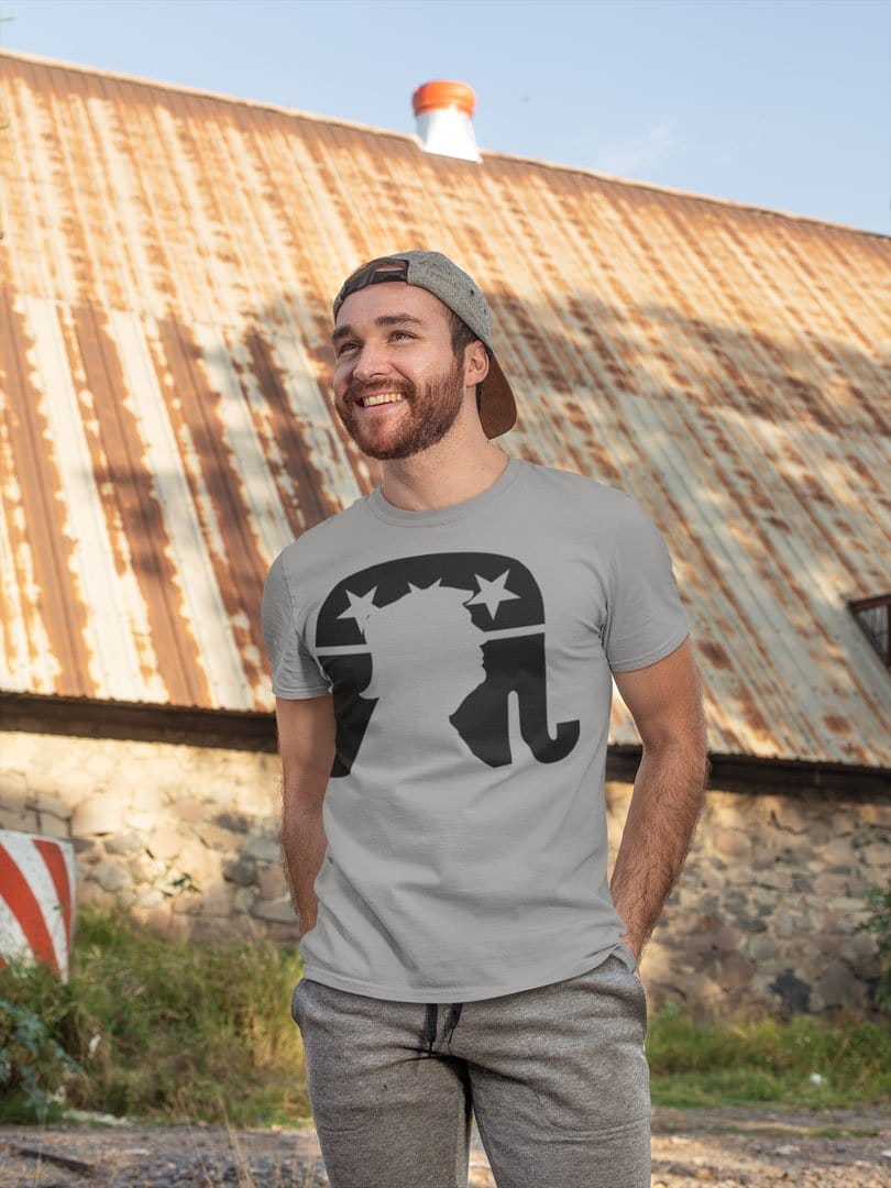 Man wearing Trump Silhouette On GOP Symbol t-shirt outdoors
