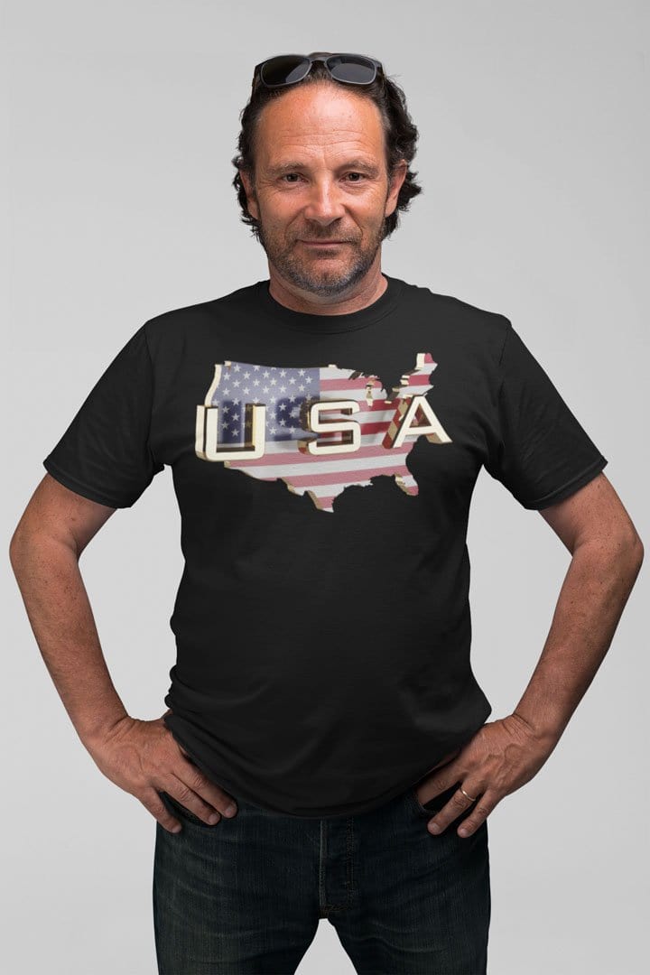 Man wearing USA On American Flag Patriotic Graphic Tee Shirt