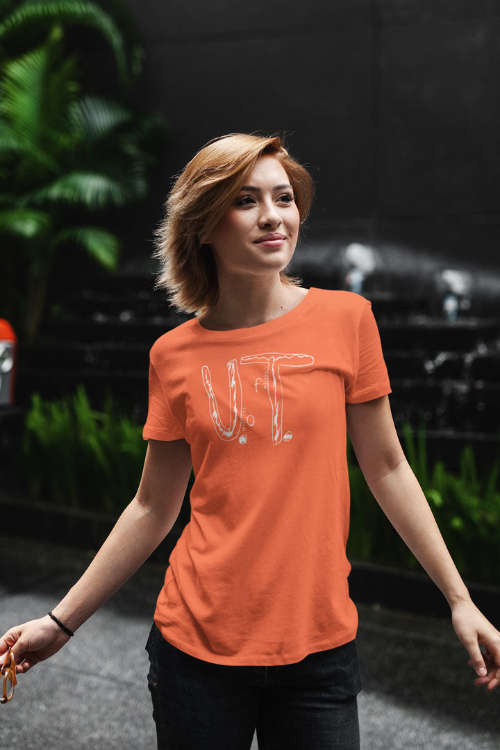 Woman wearing University Of Tennessee Anti-Bullying Tee in orange with U.T. letters, promoting anti-bullying awareness.
