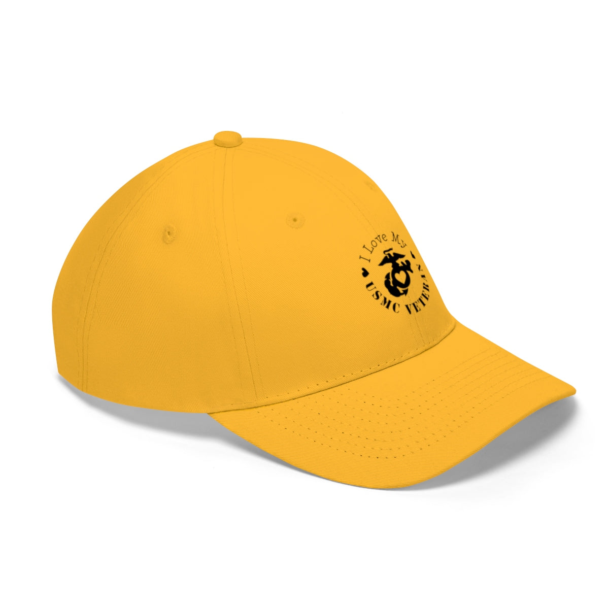 I Love My USMC Veteran Twill Cap in bright yellow, showcasing a proud military tribute.