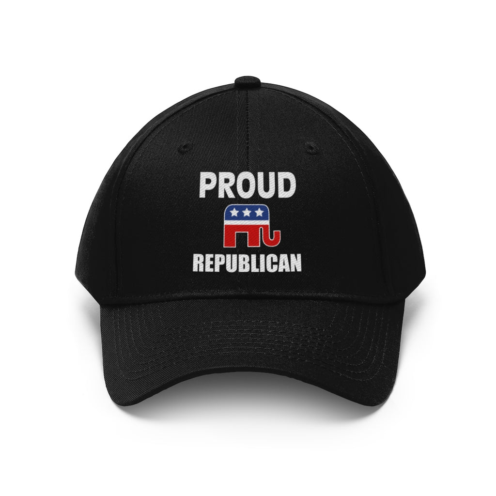 Classic Proud Republican Twill Baseball Cap showcasing a proud Republican message with elephant symbol.