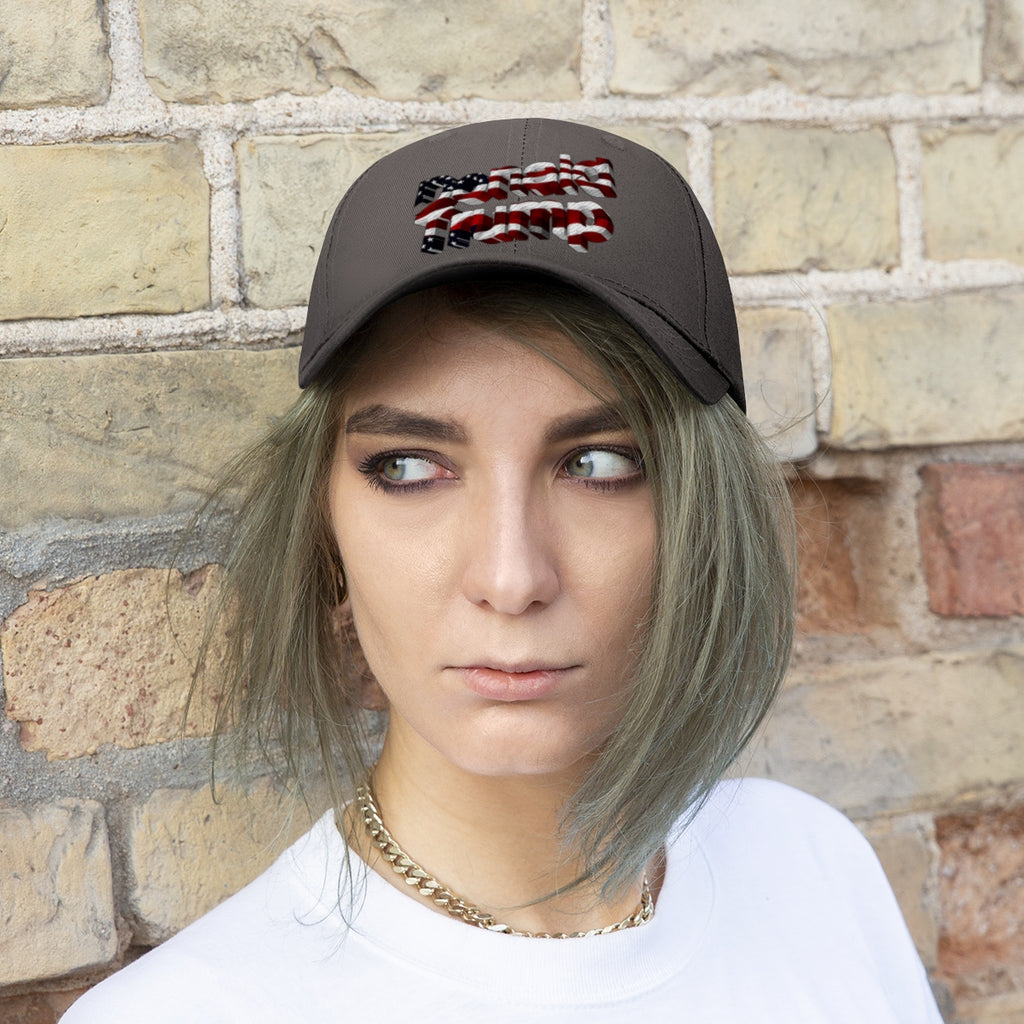 Donald Trump With American Flag Colors Twill Cap worn by a model, showcasing patriotic design with American flag colors.
