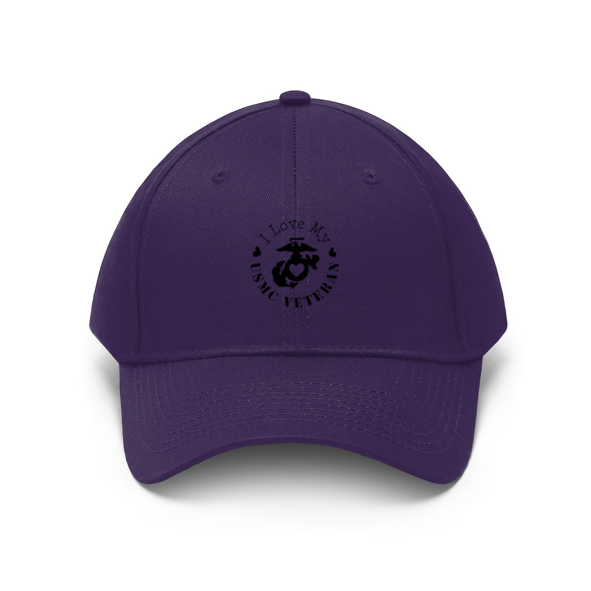 I Love My USMC Veteran Twill Cap purple baseball hat with military emblem and text.