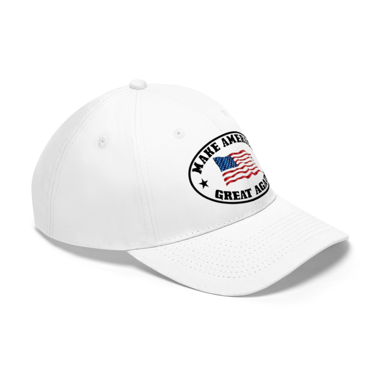 Make America Great Again US Flag Twill Cap featuring white design and patriotic emblem.