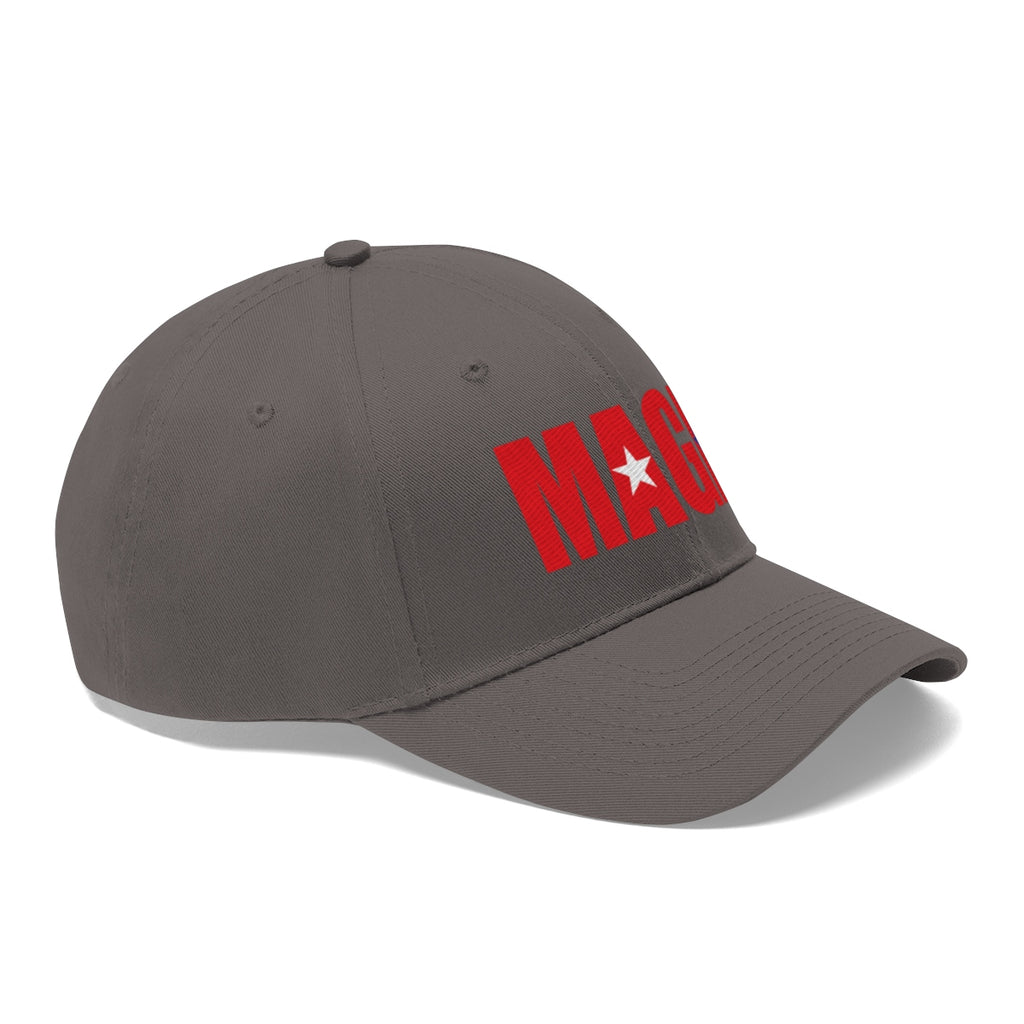 Embroidered MAGA Cotton Twill Cap Design in gray featuring bold red lettering.