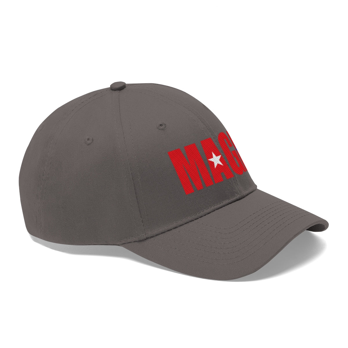 Embroidered MAGA Cotton Twill Cap Design in gray featuring bold red lettering.
