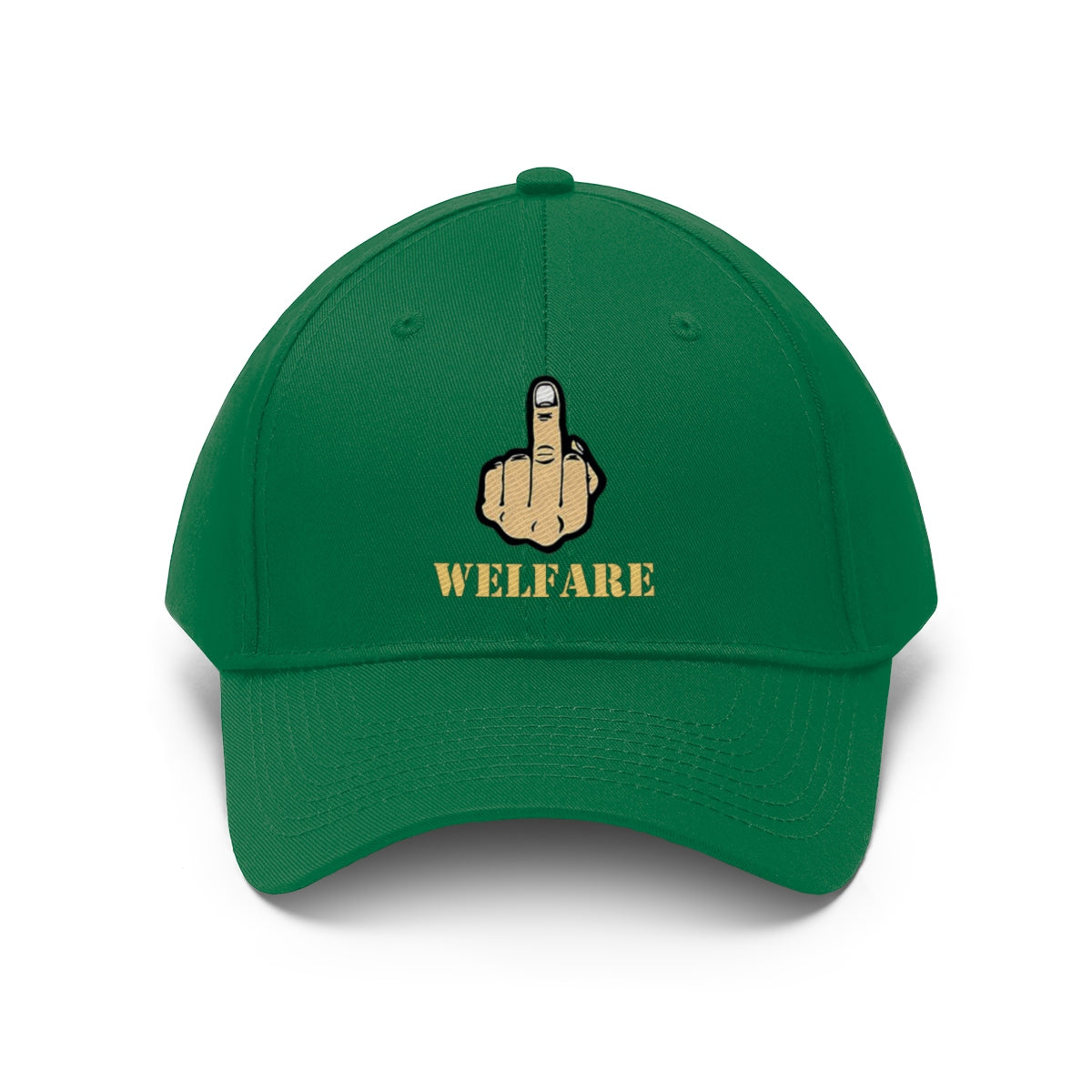 Vintage Fuck Welfare Cotton Twill Cap Design green cap featuring a provocative raised middle finger and bold lettering.