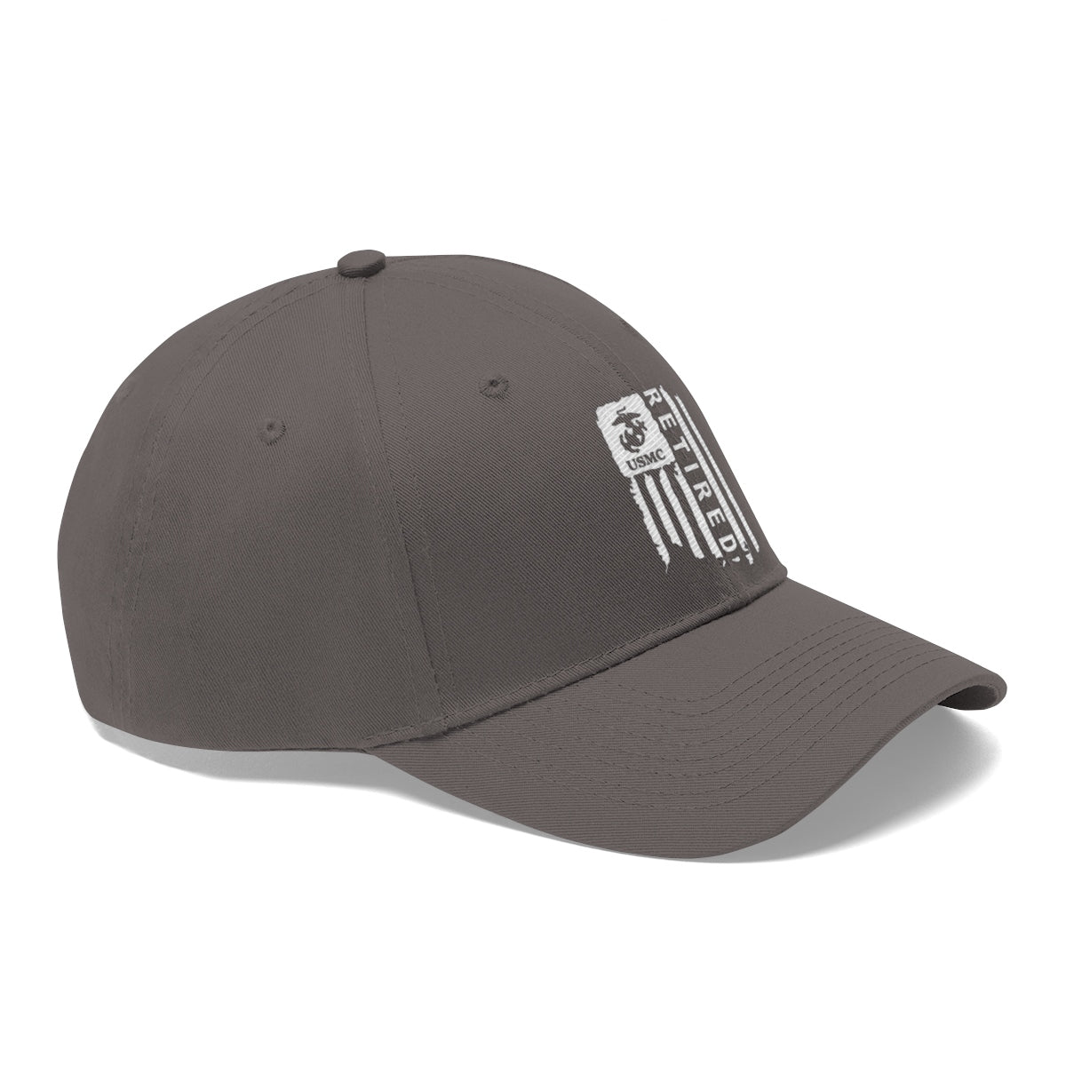 USMC Retired On Distressed American Flag Twill Cap in gray with embroidered flag design on the front.