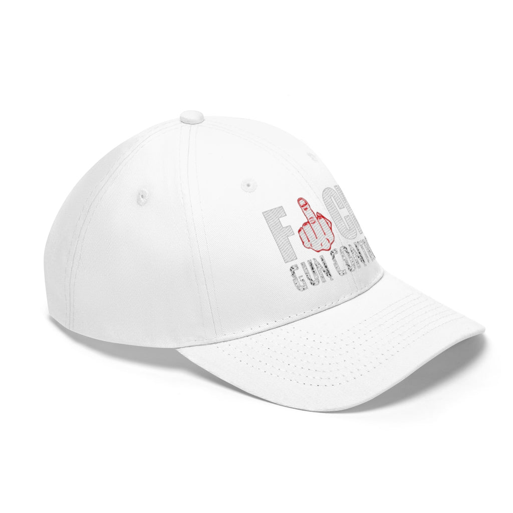 Fuck Gun Control Red Finger Twill Baseball Cap in white with graphic design.