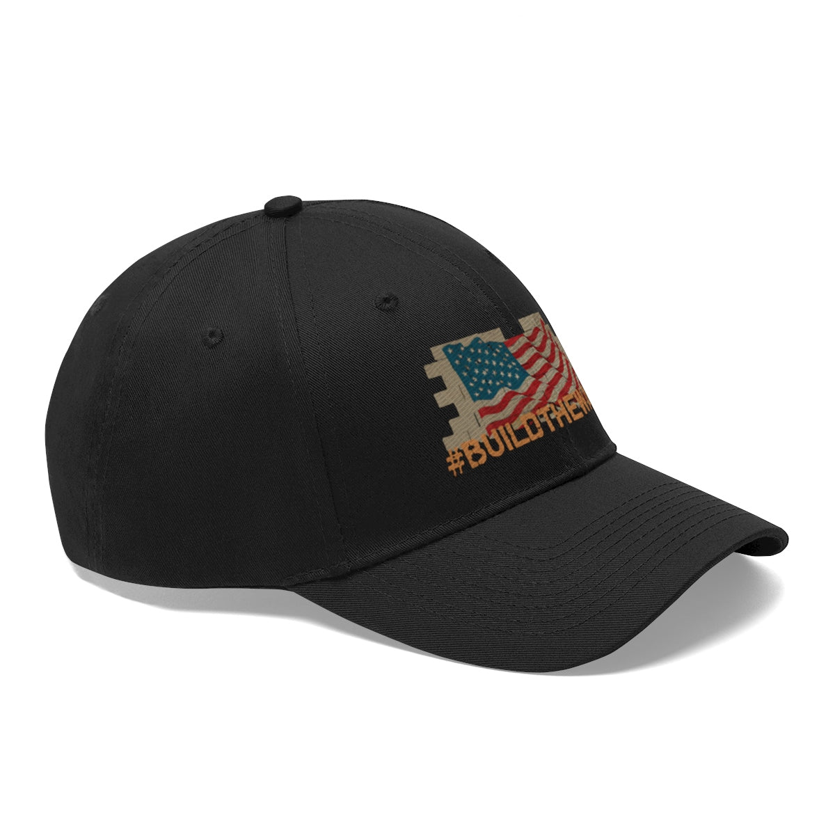 Build The Wall On American Flag Twill Cap with American flag design on black background.