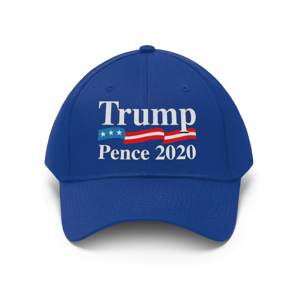 Trump Pence 2020 American Flag Twill Cap displayed on a blue cap with white lettering and patriotic design.