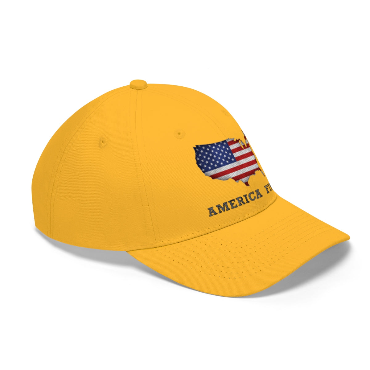 America First With American Flag Twill Cap in yellow, showcasing a proud patriotic design with American flag emblem.