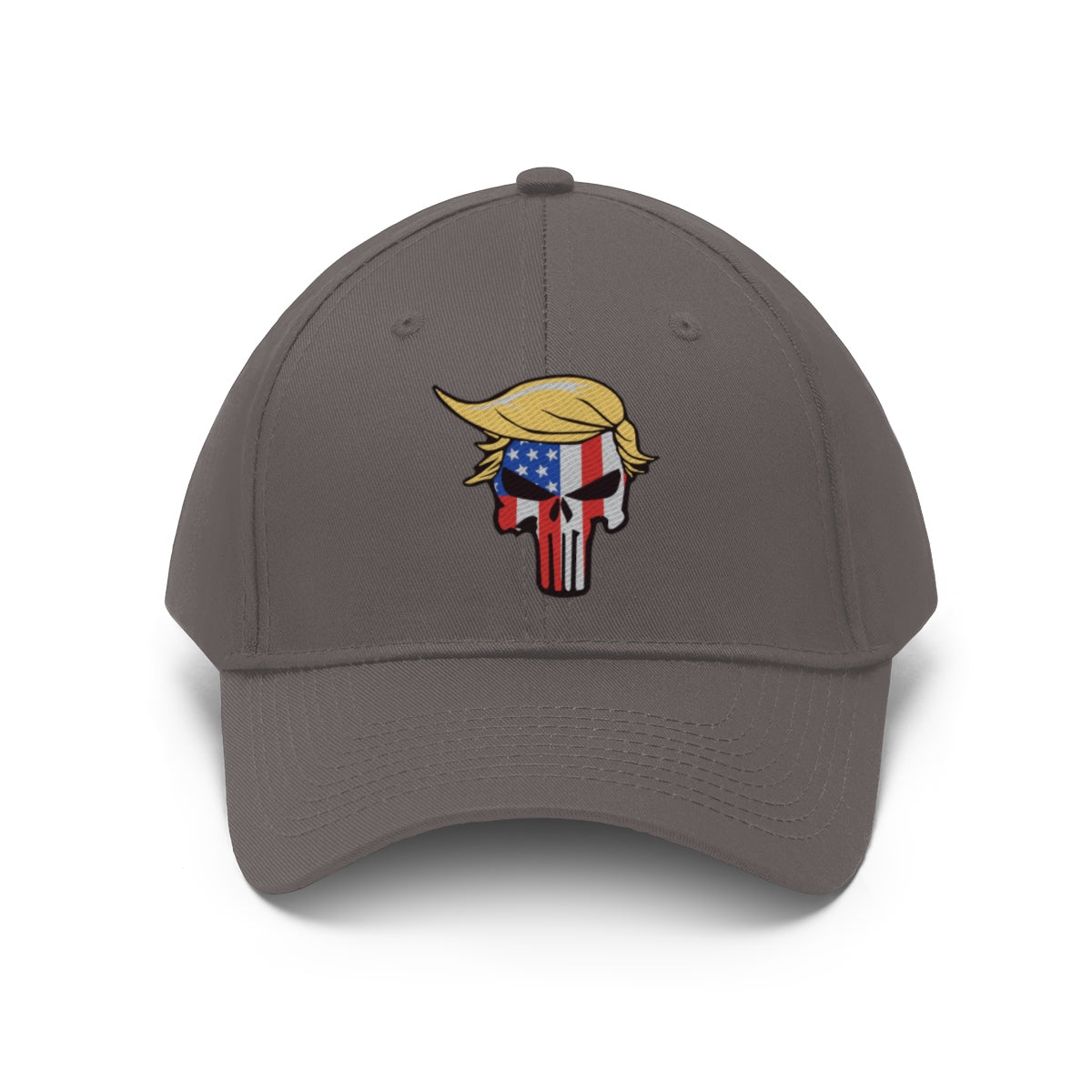Classic Punisher Twill Cap with Trump Design featuring a Trump-inspired skull logo on a gray cap.