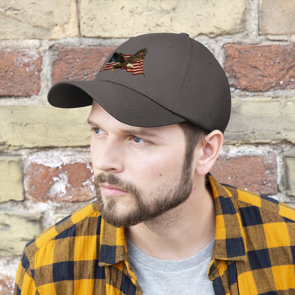 Eagle On American Flag Twill Cap worn by a man with a beard, showcasing national pride and style.