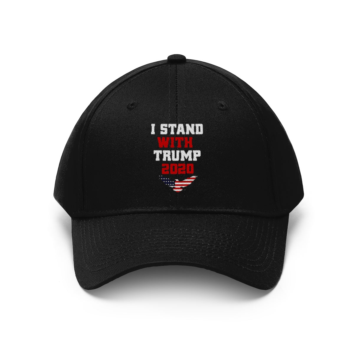 I Stand With Trump 2020 Twill Cap black baseball hat with campaign slogan design
