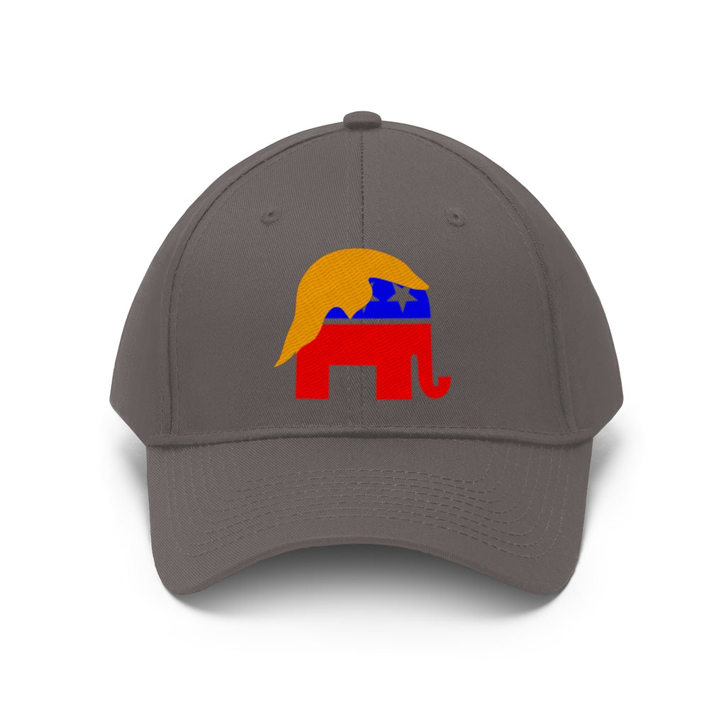 GOP Symbol With Trump Hair Twill Cap featuring a unique design and bold colors on a gray dad hat.
