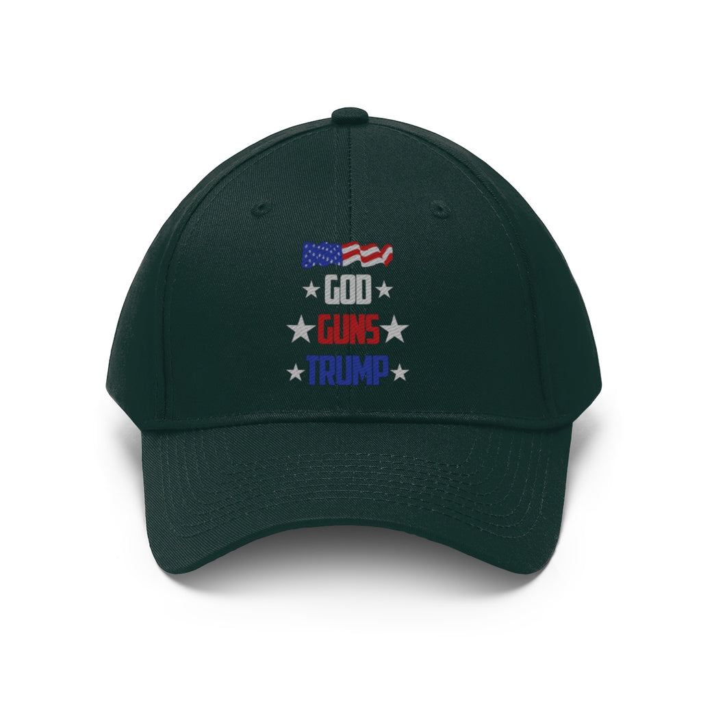 God Guns Trump Patriotic Twill Cap featuring an American flag and bold text on a dark green cap.