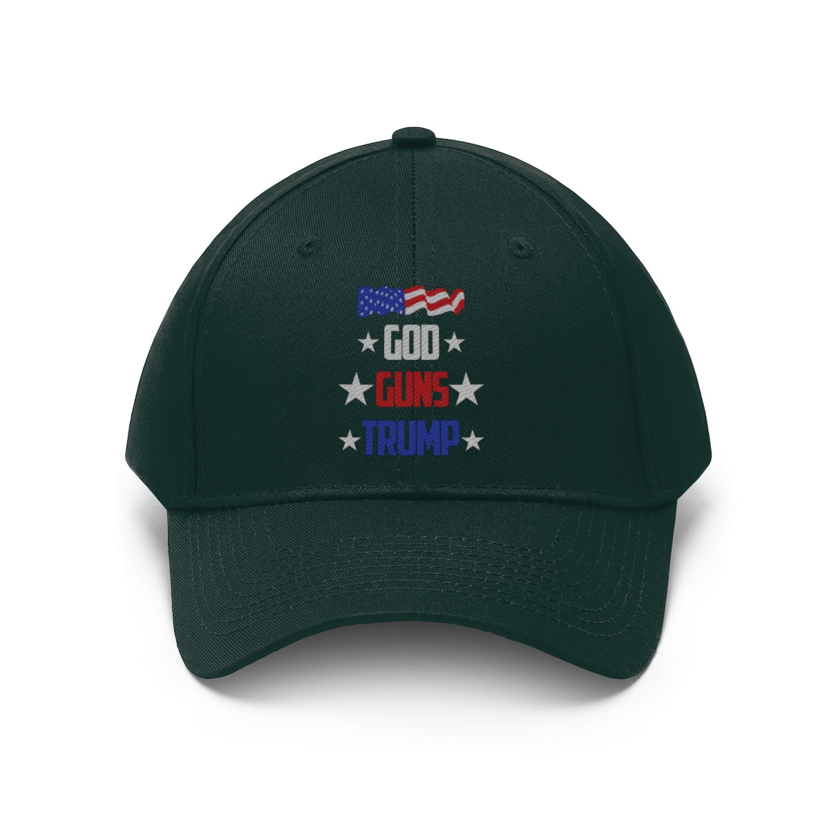 God Guns Trump Patriotic Twill Cap featuring an American flag and bold text on a dark green cap.