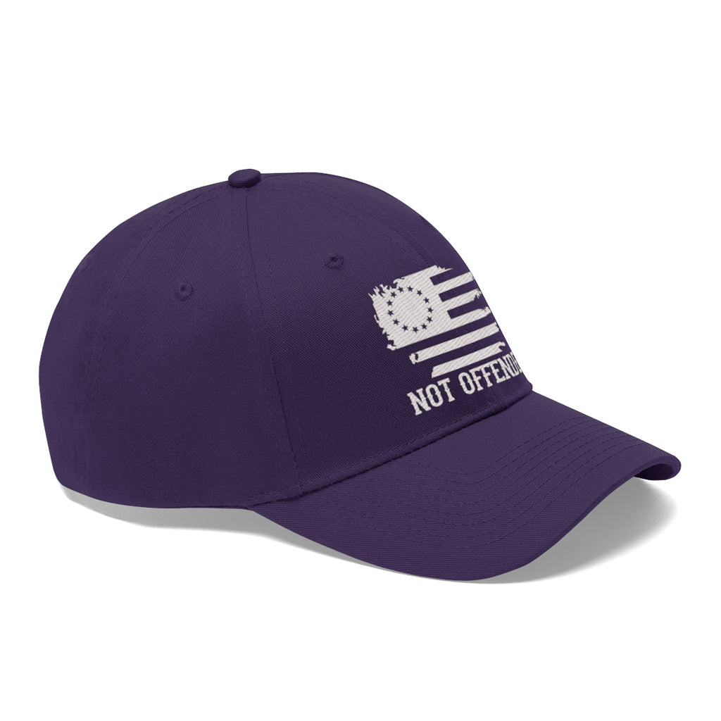 Embroidered Not Offended Adjustable Twill Cap in purple with a flag design and bold text.