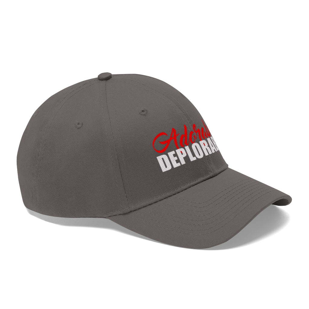 Adorable Deplorable Embroidered Twill Cap featuring bold red and white lettering on a gray hat.