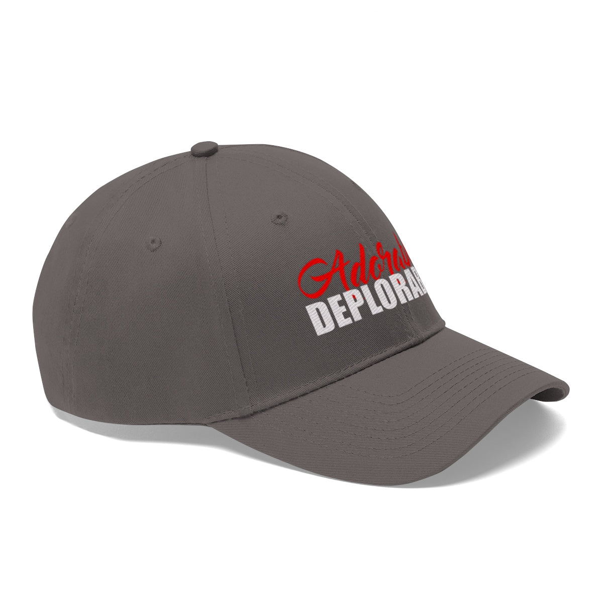 Adorable Deplorable Embroidered Twill Cap featuring bold red and white lettering on a gray hat.