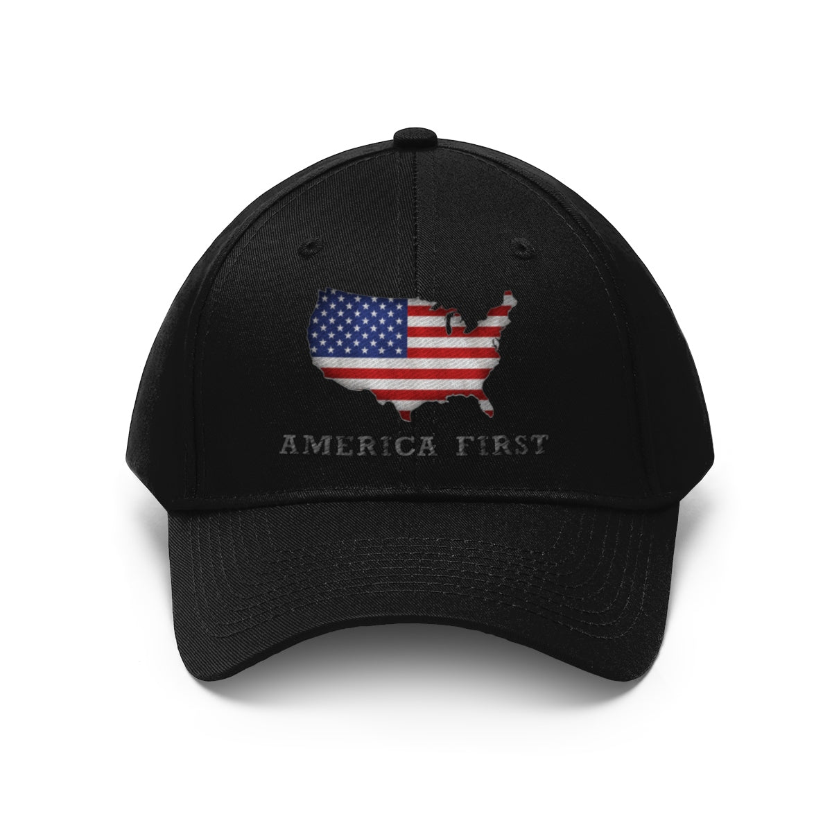 America First Twill Cap Bold USA Pride Casual Cap featuring USA map design with American flag.