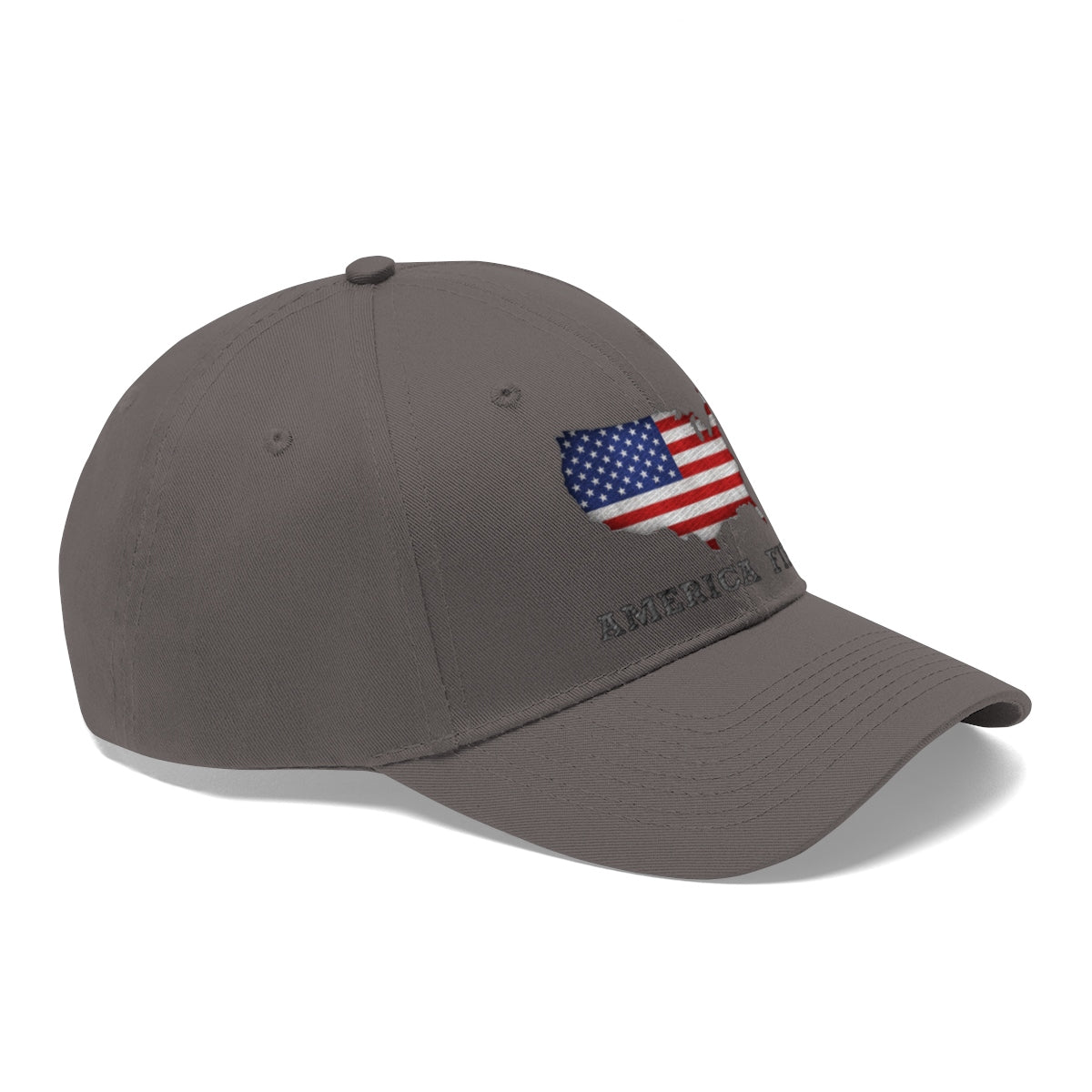 America First With American Flag Twill Cap showcasing patriotic design and bold commitment to national priorities.