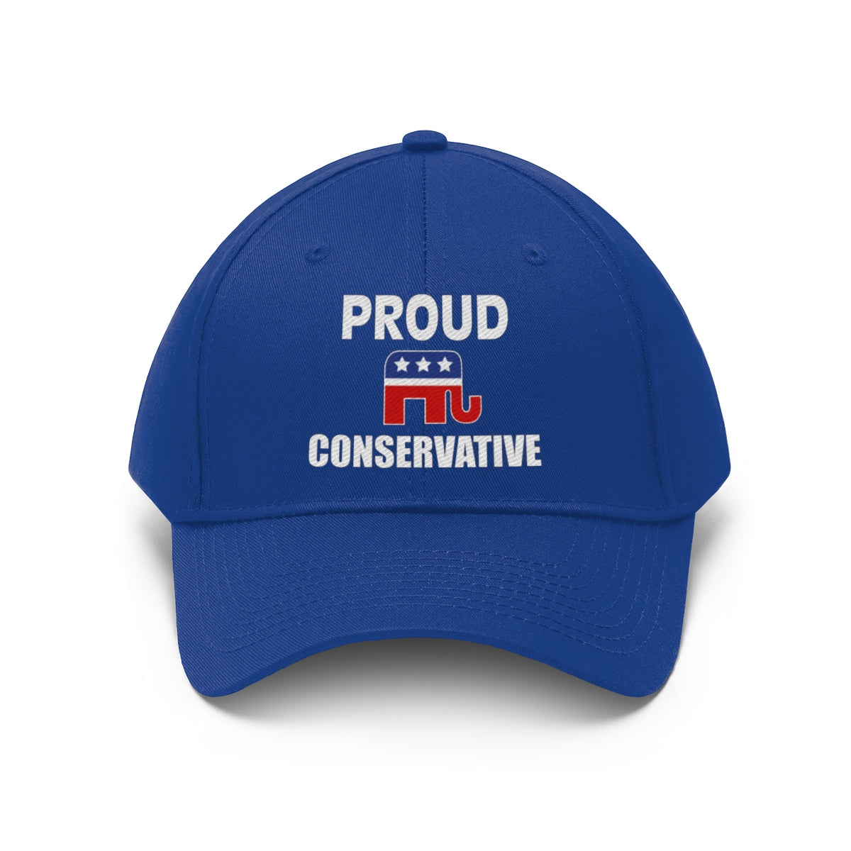 Classic Proud Conservative Twill Baseball Cap in blue with bold lettering and Republican elephant logo.