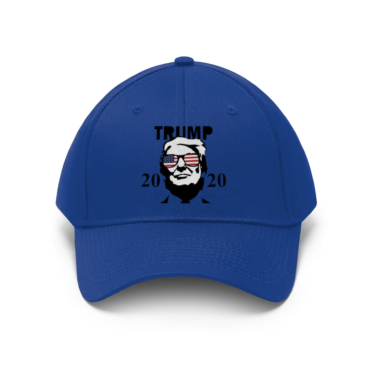 Trump 2020 With US Flag Glasses Twill Cap blue baseball hat featuring Trump face design and US flag glasses.