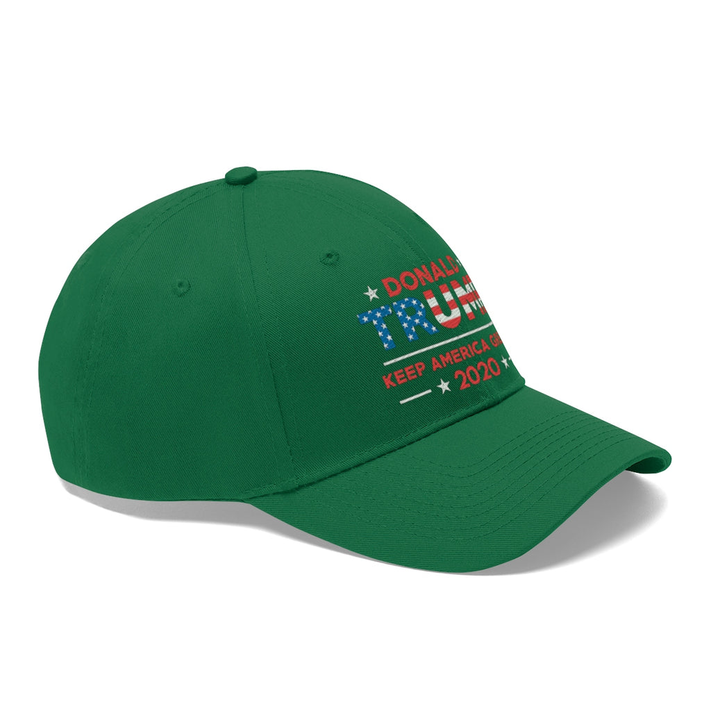 Donald Trump Keep America Great 2020 Twill Cap in green, featuring campaign slogan with American flag design.